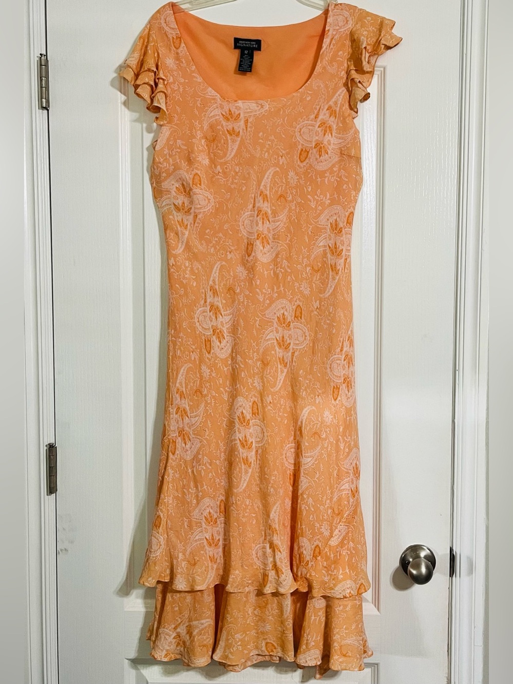 (Vintage)Jones New York Signature Orange paisley 100%Silk Maxi Dress Sz 12